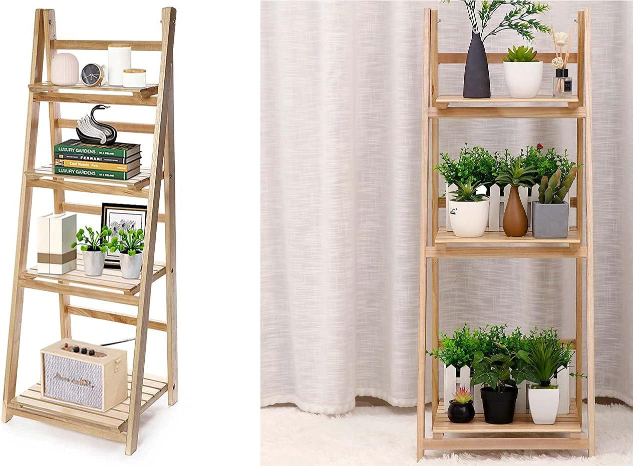 Wooden ladder shelf with decorative items against a white curtain background