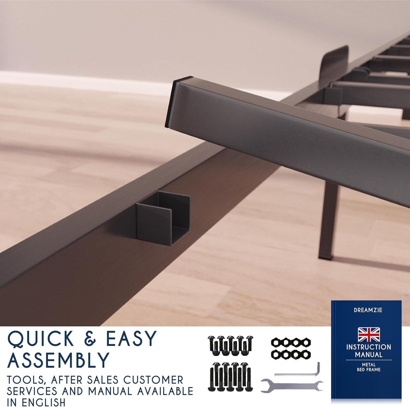 Metal bed frame assembly with text about quick and easy assembly on a neutral background