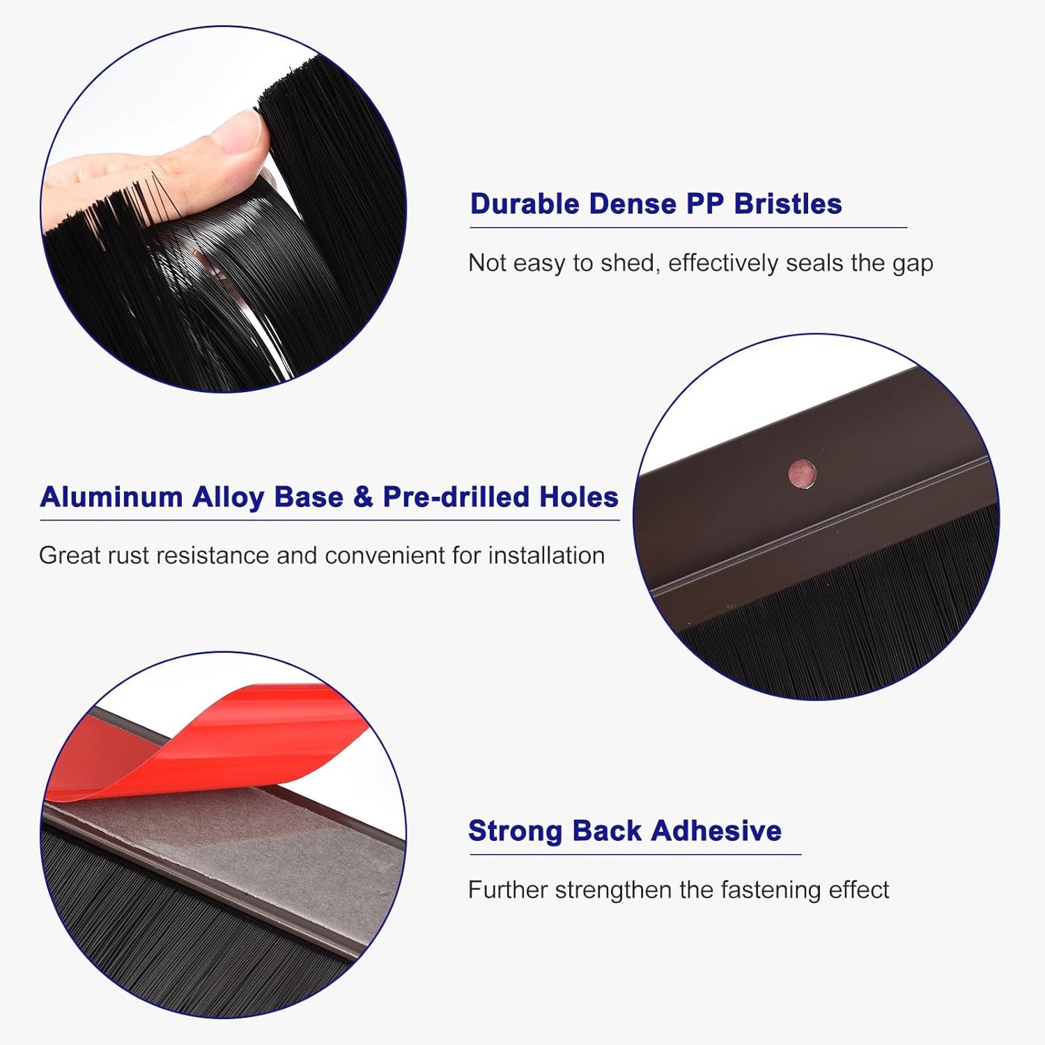 Product features with close-ups of bristles, base, and adhesive on a white background.