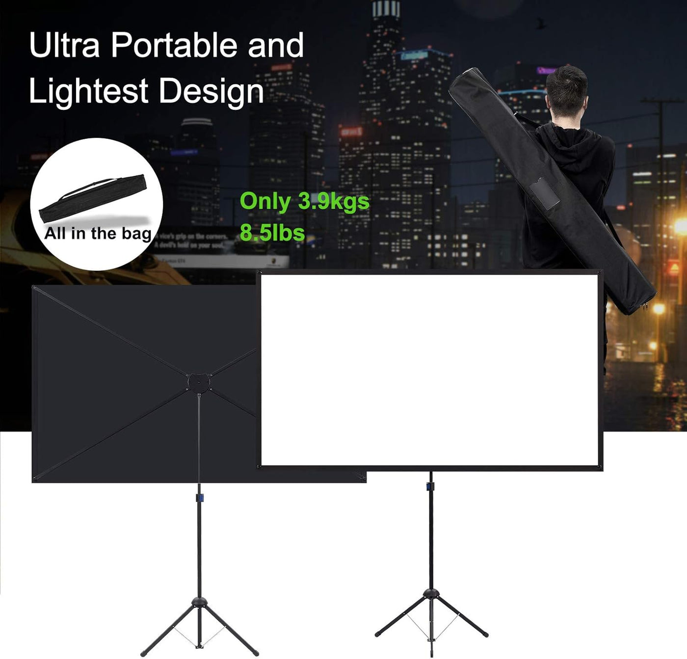 100 Inch Outdoor Projector Screen 16:9 w/ Stand Aluminium Frame, Portable 2 in 1