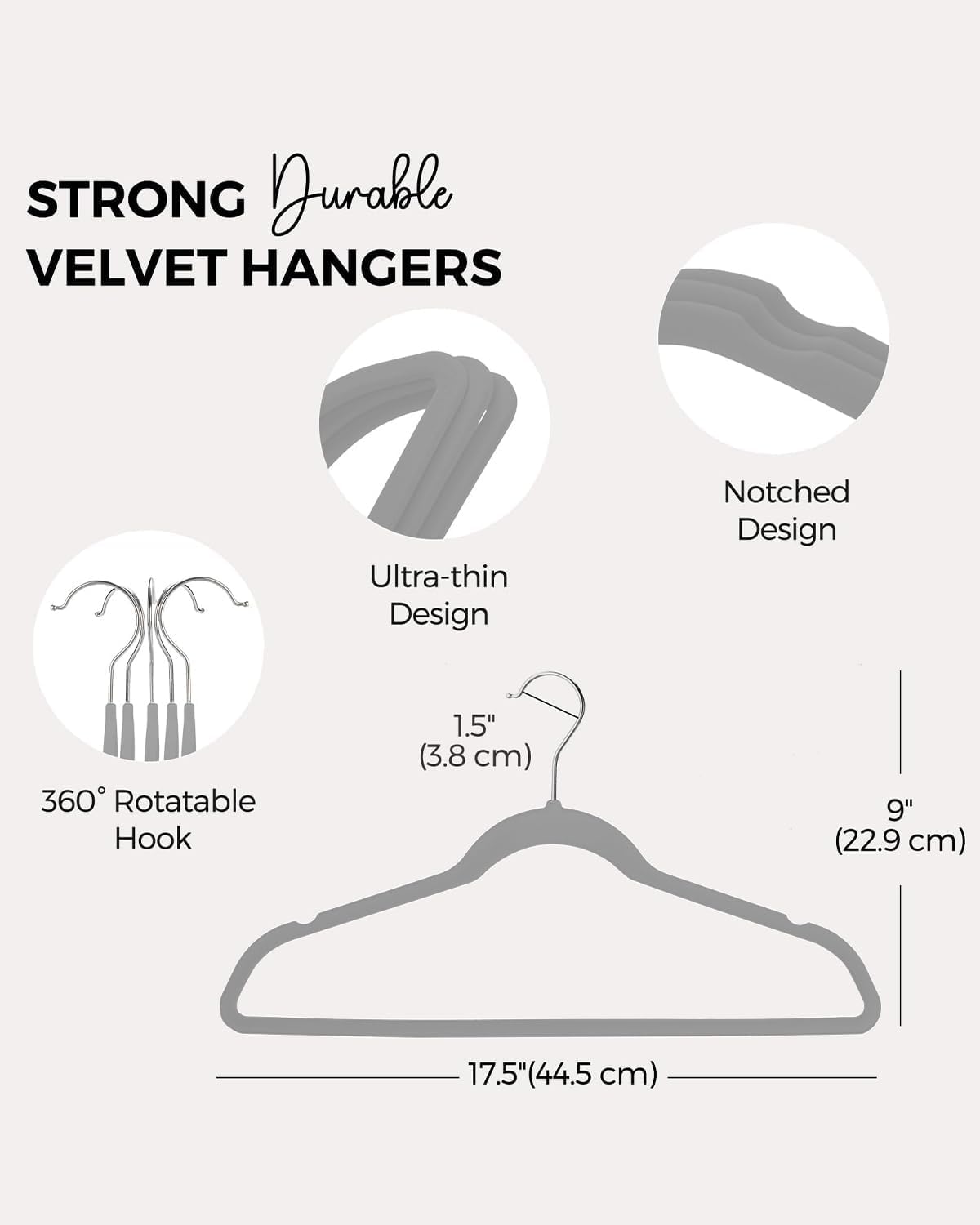HOUSE DAY 60-Pack Grey Velvet Hangers, Non-Slip, Space-Saving, 360° Rotating