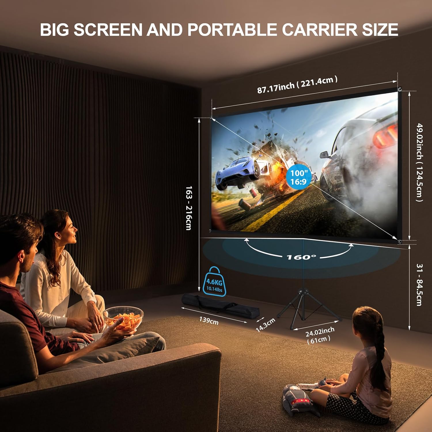 100'' ALR Projector Screen with Stand, 16:9, Portable Easy Setup, Outdoor & Home