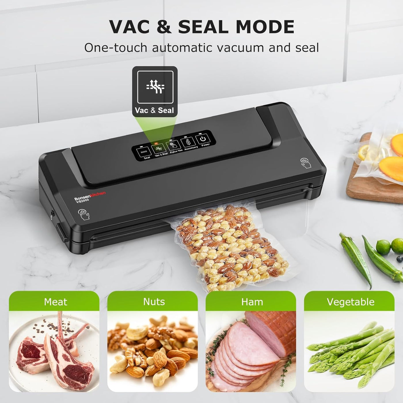 Bonsenkitchen Vacuum Sealer, Fast Compact Sealer w/ Bags & Hose, Black