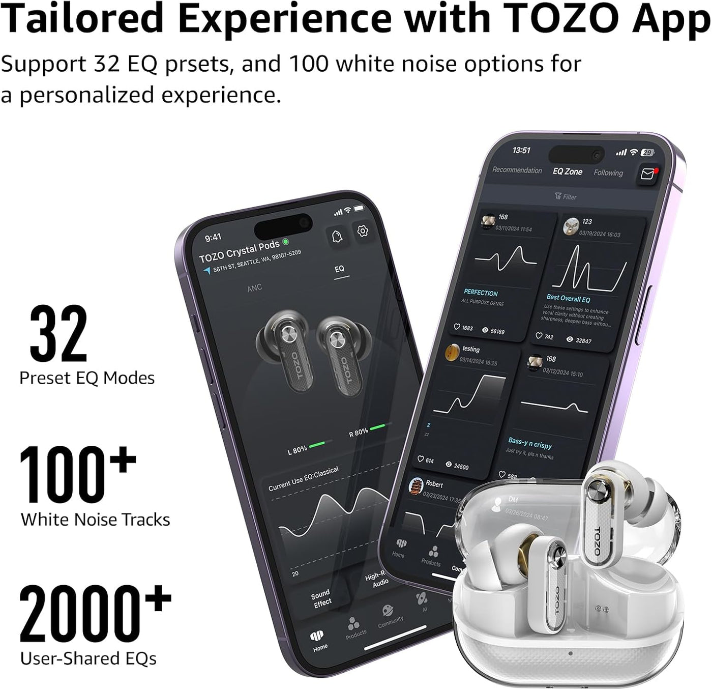 Smartphones displaying the TOZO app with earbuds in the foreground on a white background.