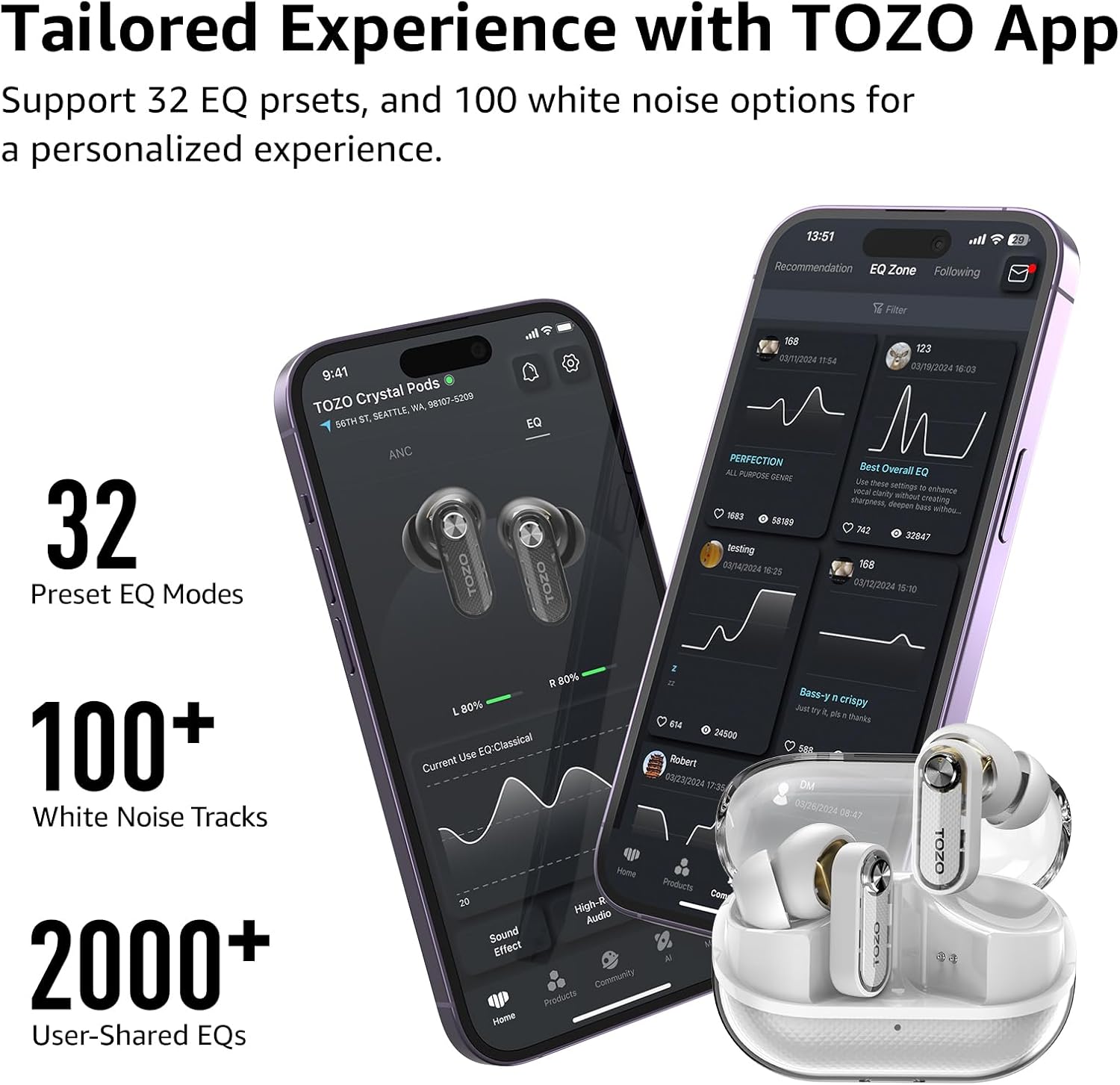 Smartphones displaying the TOZO app with earbuds in the foreground on a white background.