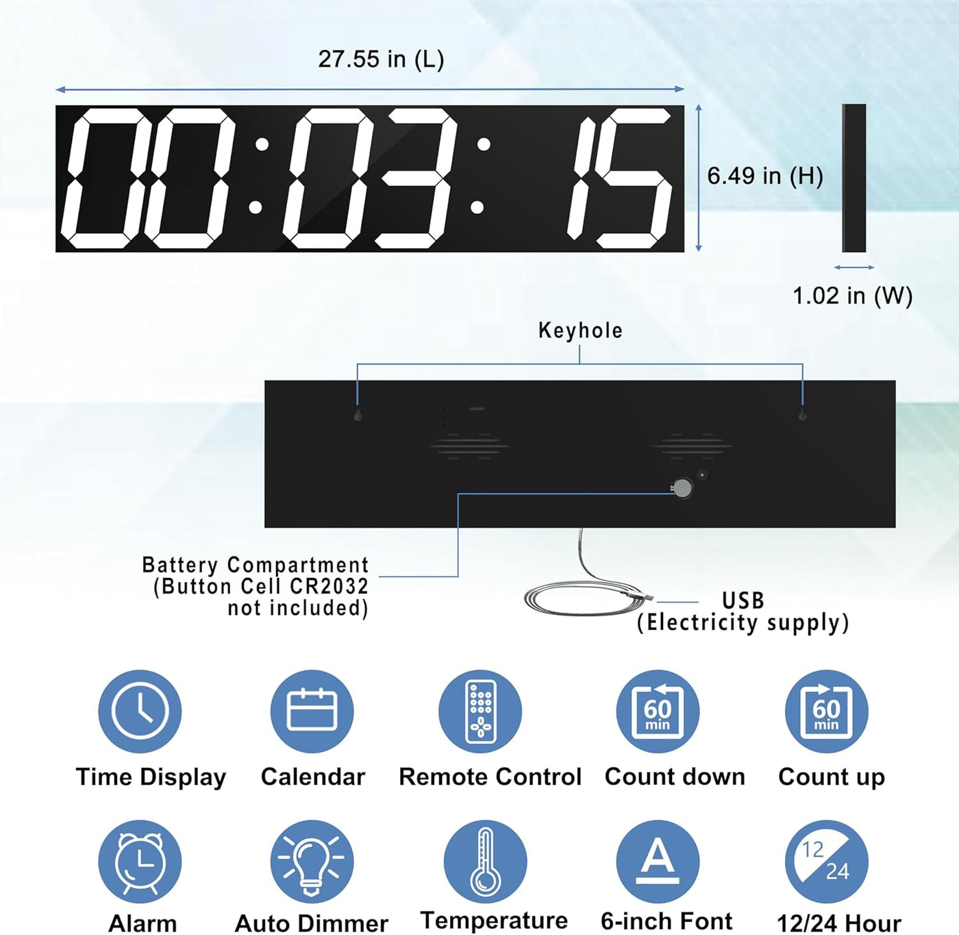 Measurement chart of a digital clock with dimensions and features listed.