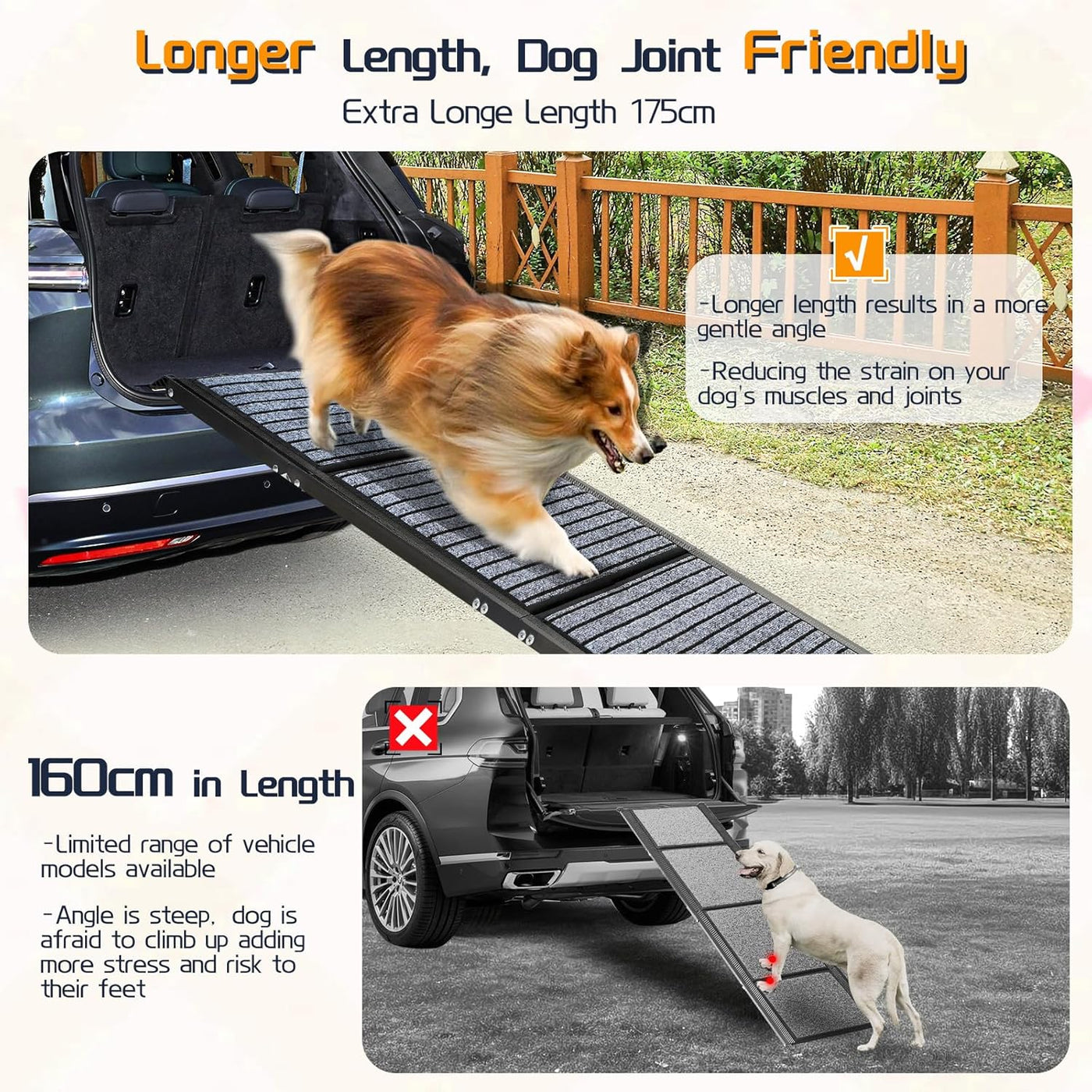 Extra Long 170CM Folding Dog Car Ramp, Non-Slip Steps for Large Dogs up to 115KG