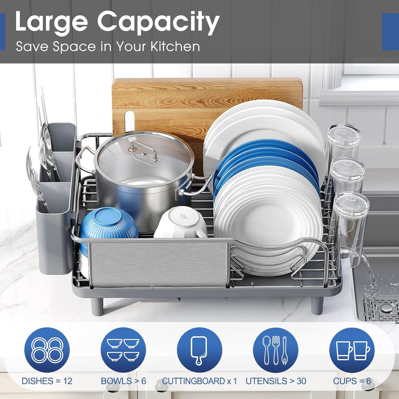 Dish rack with kitchen items on a tiled floor, emphasizing large capacity.