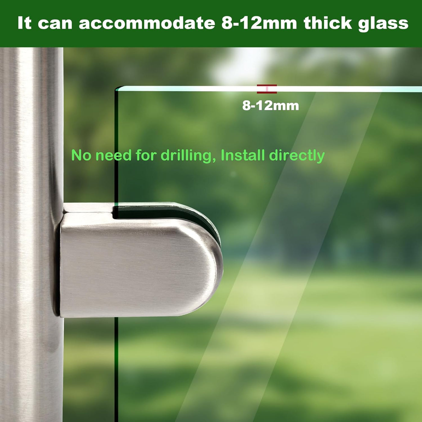 Glass holder with text indicating glass thickness compatibility and installation method.