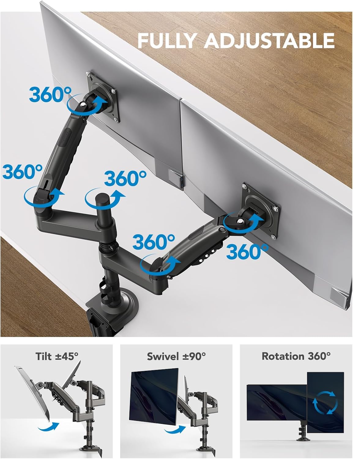 HUANUO Taller Dual Monitor Stand 13–32", Long Arms, VESA 75/100