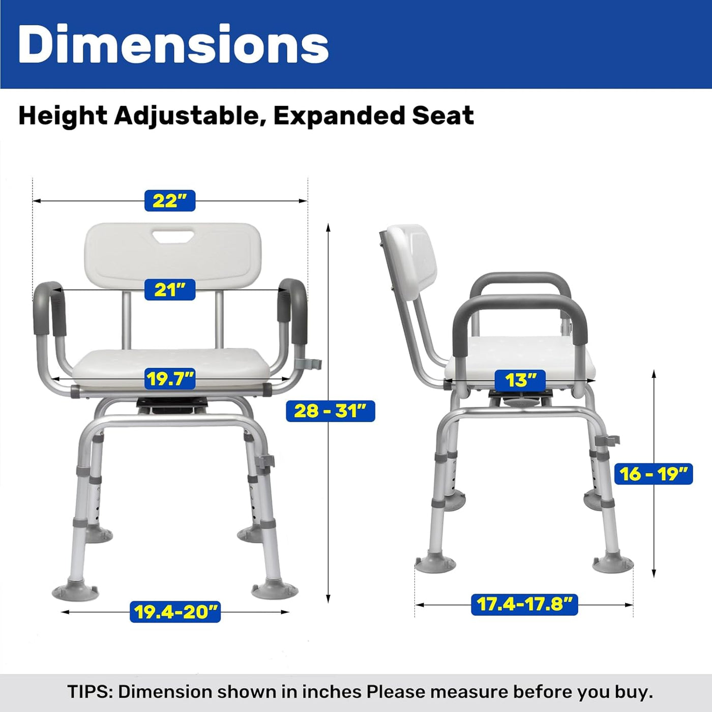 360° Swivel Shower Chair with Back, Arms, Cold-Proof Pads, Supports 400lbs