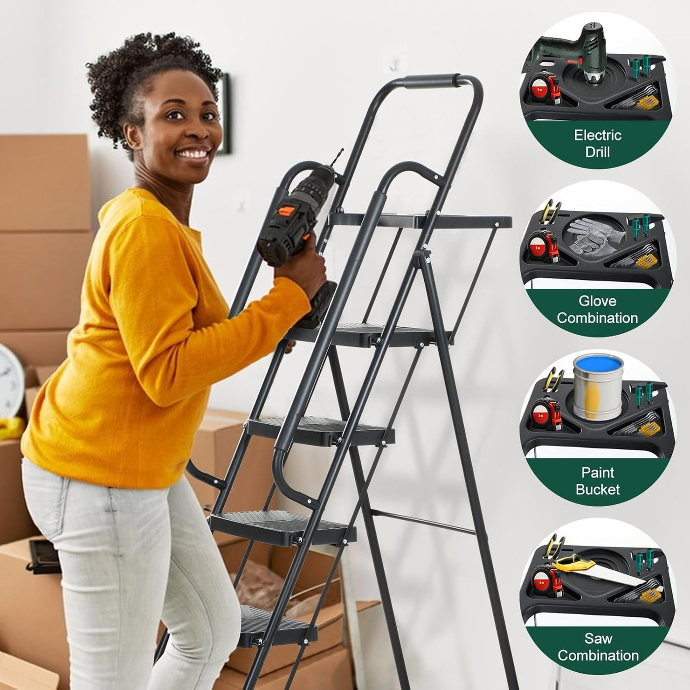 EPROSMIN 4-Step Ladder with Handrails – Folding Step Stool – Damaged Tool Tray