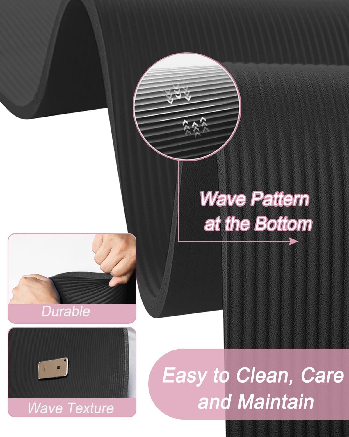 Black mat with wave pattern at the bottom, durable material, and ease of cleaning text on a white background.