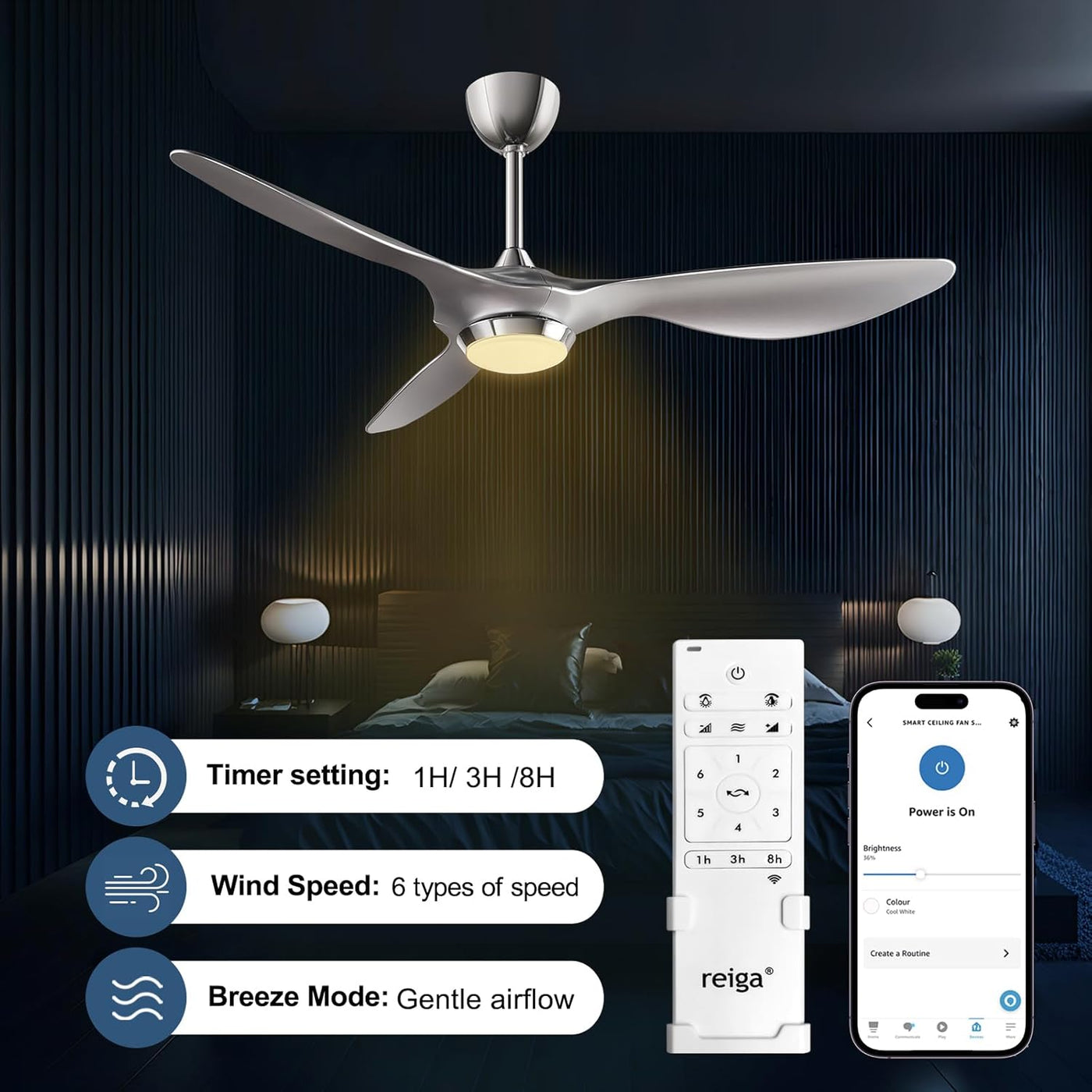 Reiga 132CM Silver Smart Ceiling Fan with LED Light App & Voice Control DC Motor