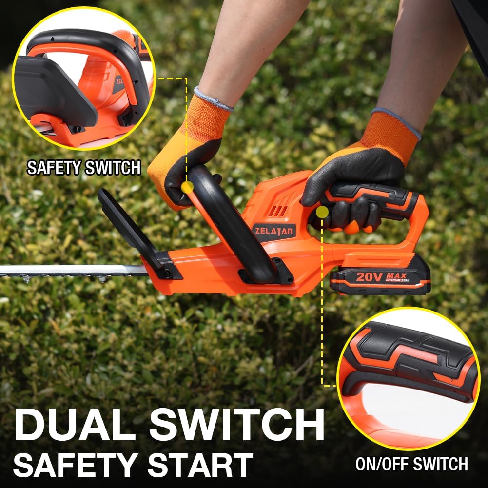 Person using a cordless hedge trimmer with safety switch features highlighted on a grassy background.