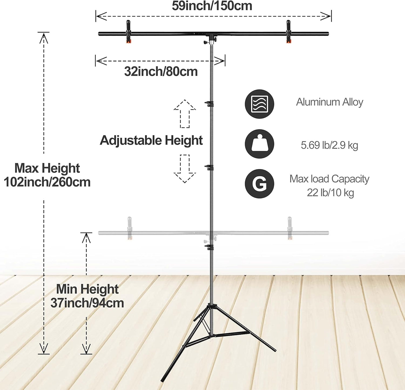 EMART 5x7ft Black Backdrop with 5x8.5ft T-Stand, Photo & Video Kit