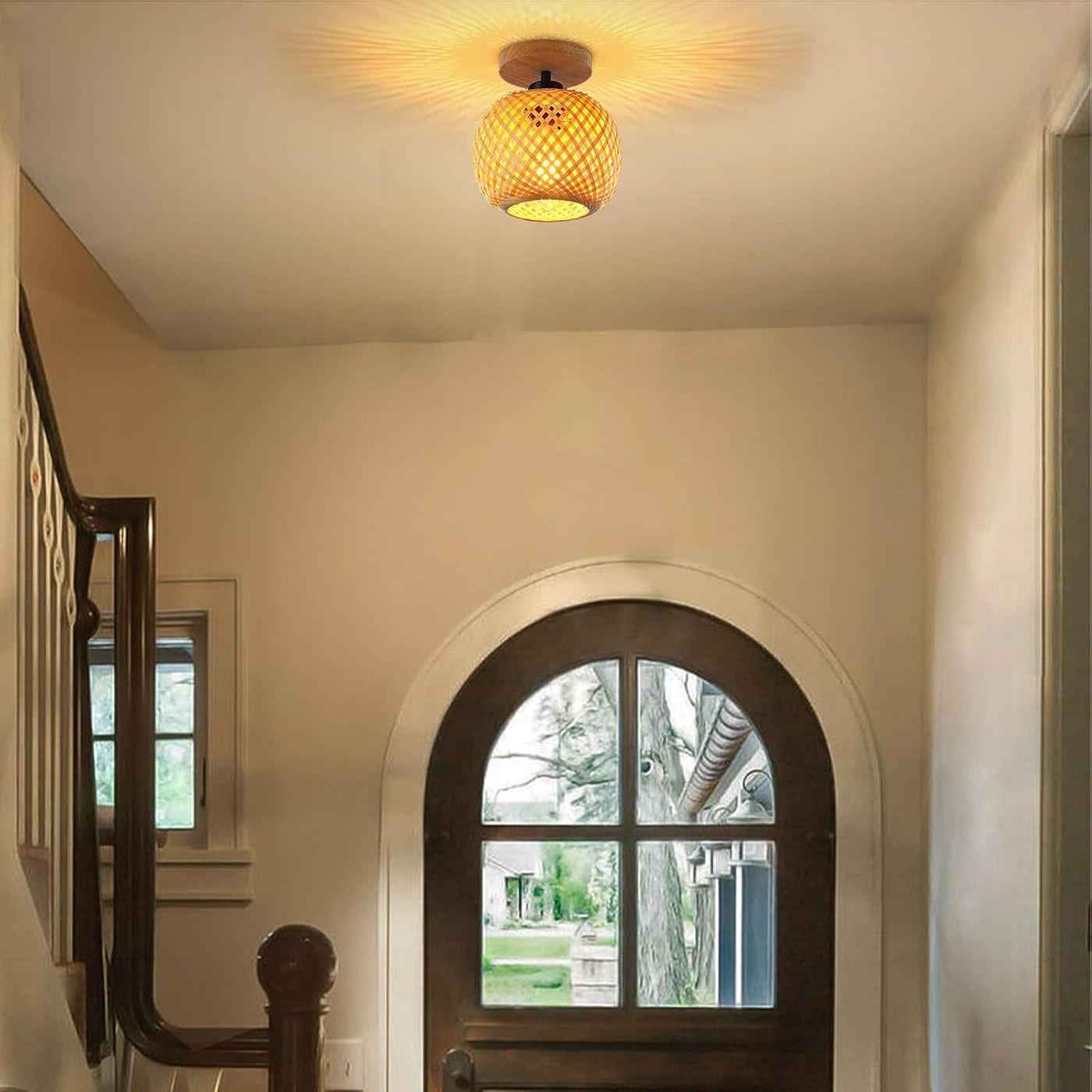 Schindora Bamboo Ceiling Light, Mini Boho Flush Mount Rattan Fixture