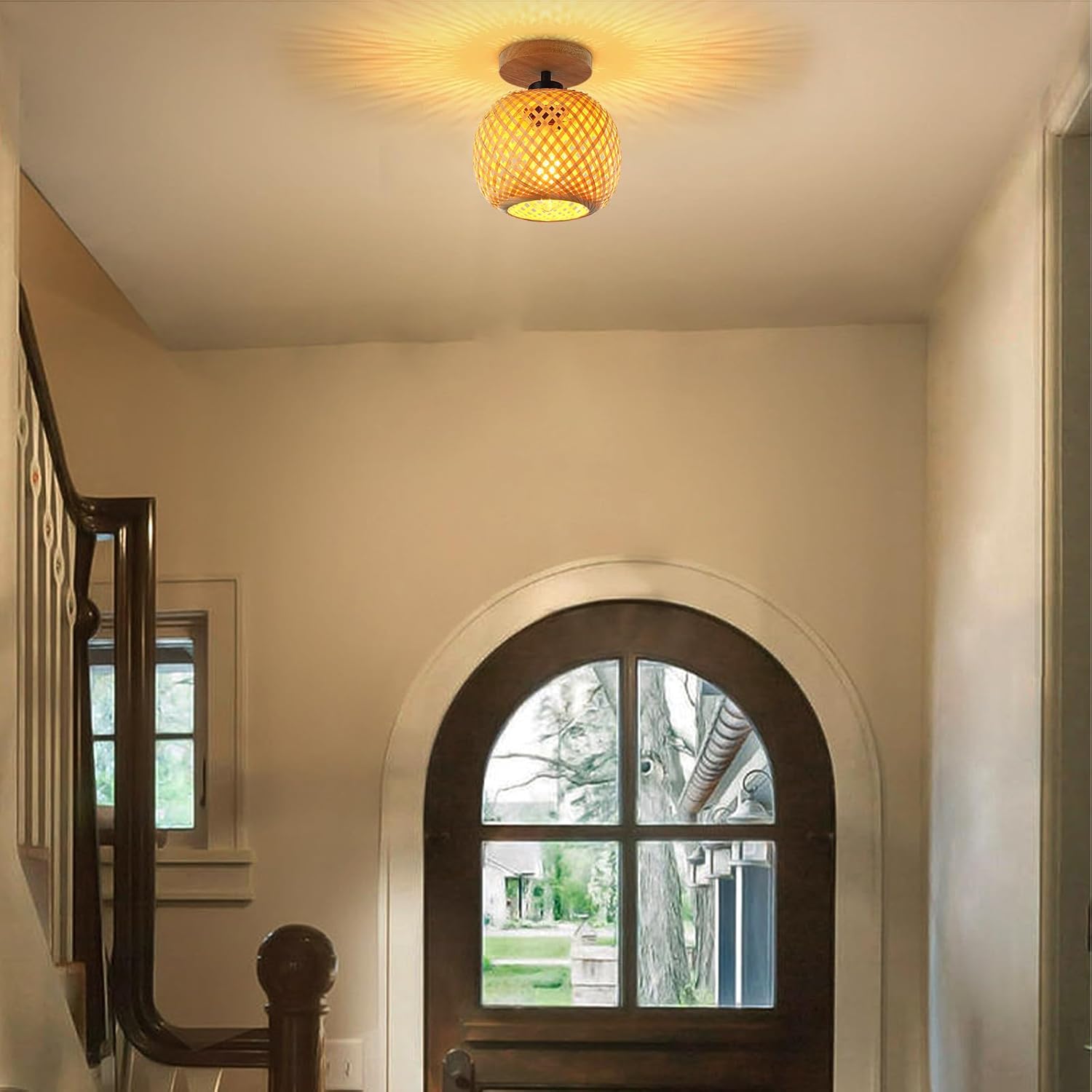 Schindora Bamboo Ceiling Light, Mini Boho Flush Mount Rattan Fixture