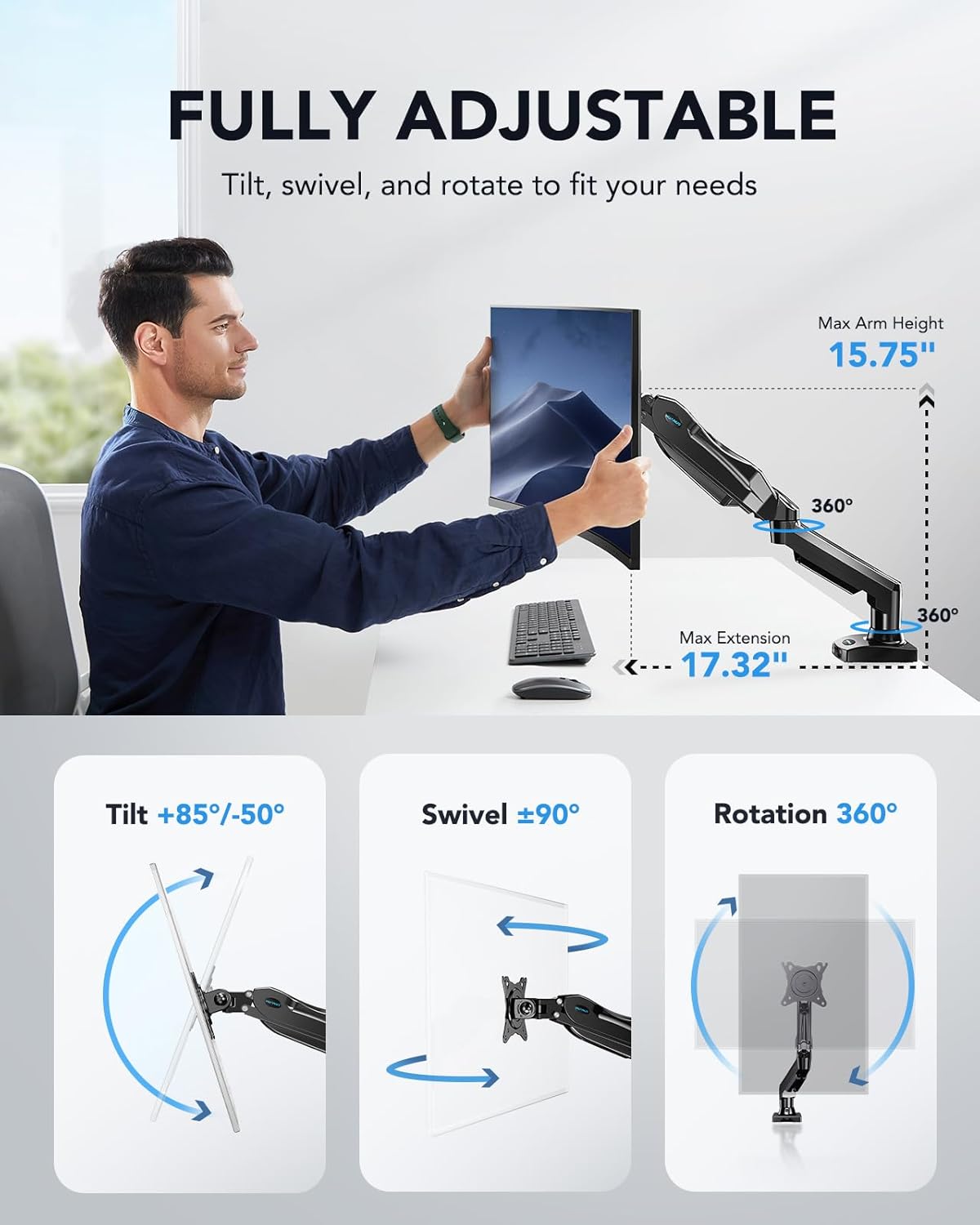 Person using a fully adjustable monitor stand with features highlighted on a white background.