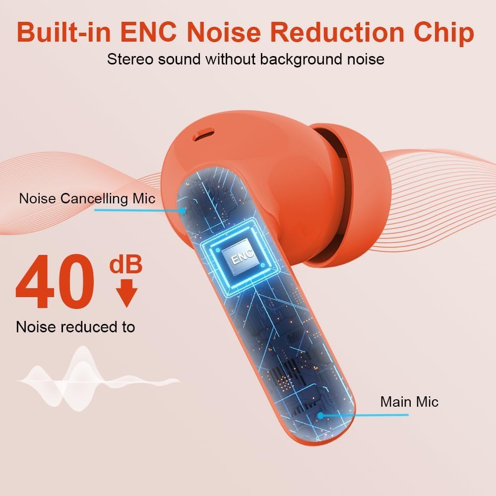Orange wireless earbuds with noise reduction chip illustration on a beige background