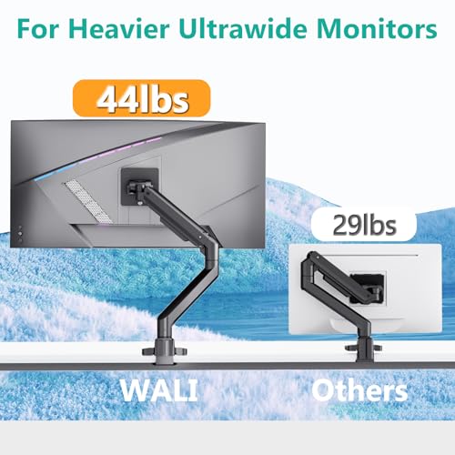 WALI Single Monitor Arm for 17 to 49 Inch Heavy Duty Curved Screens, Ultrawide Monitor Arm, Holds up to 20 kg, Adjustable Monitor Desk Mount with VESA 75 & 100mm Black
