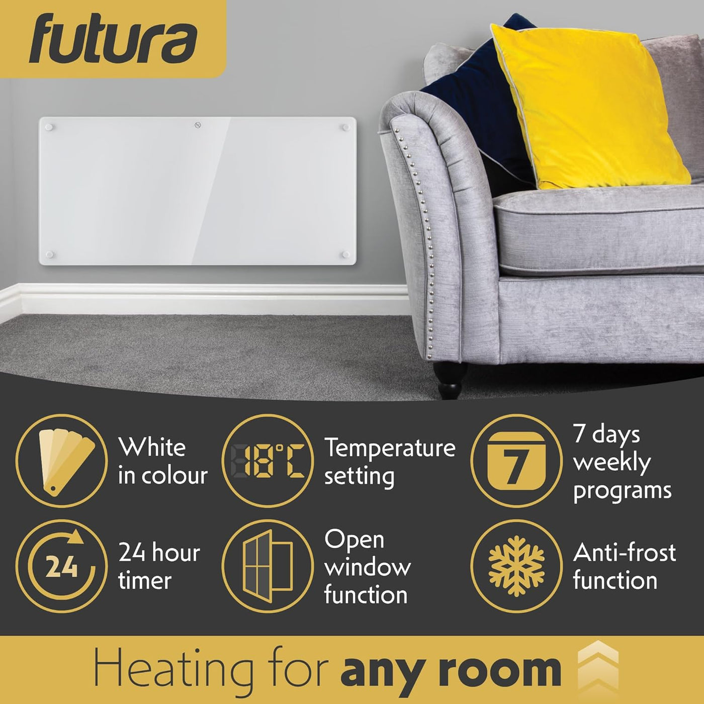 2000W White Glass Electric Radiator Heater with Thermostat Wall Mounted Futura