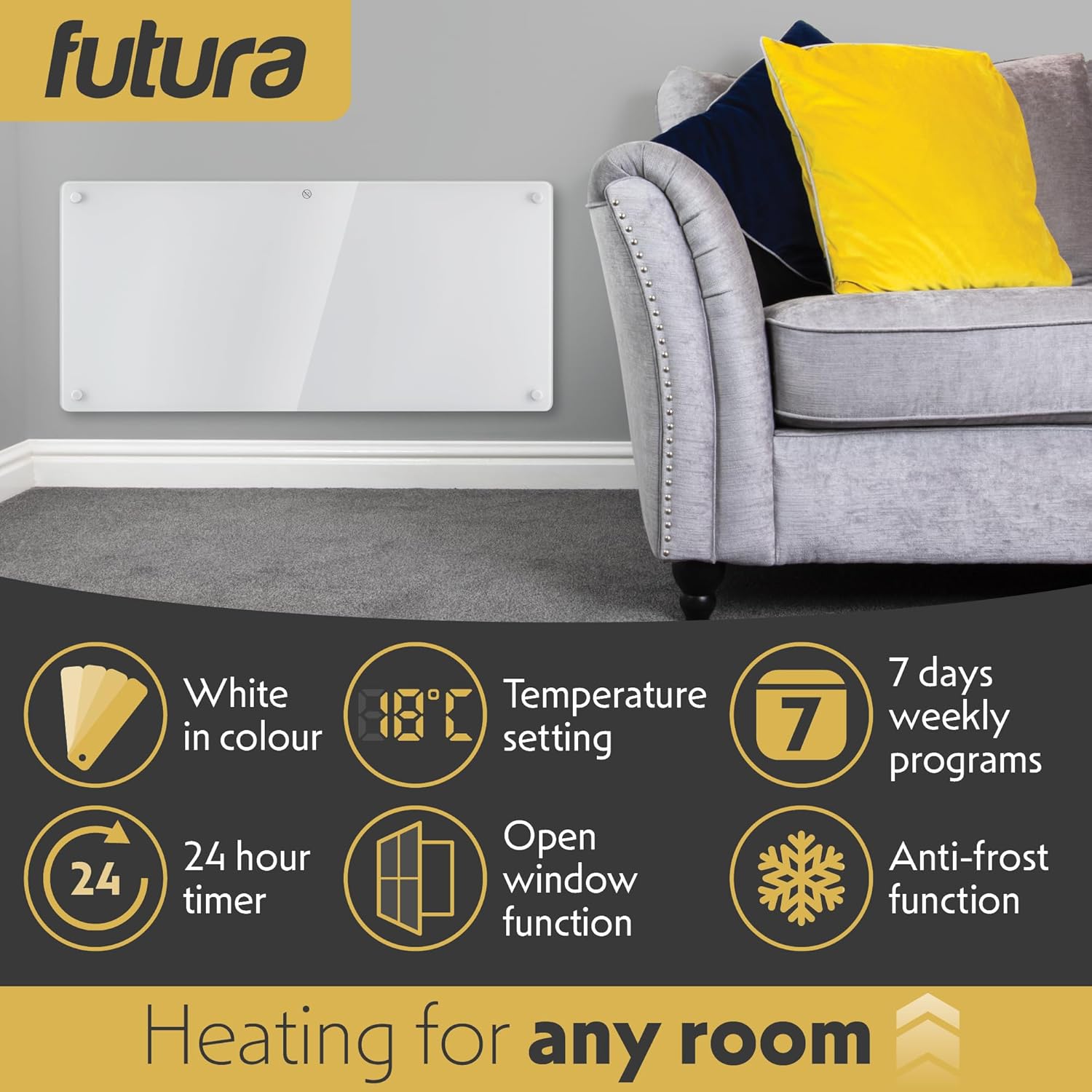 2000W White Glass Electric Radiator Heater with Thermostat Wall Mounted Futura
