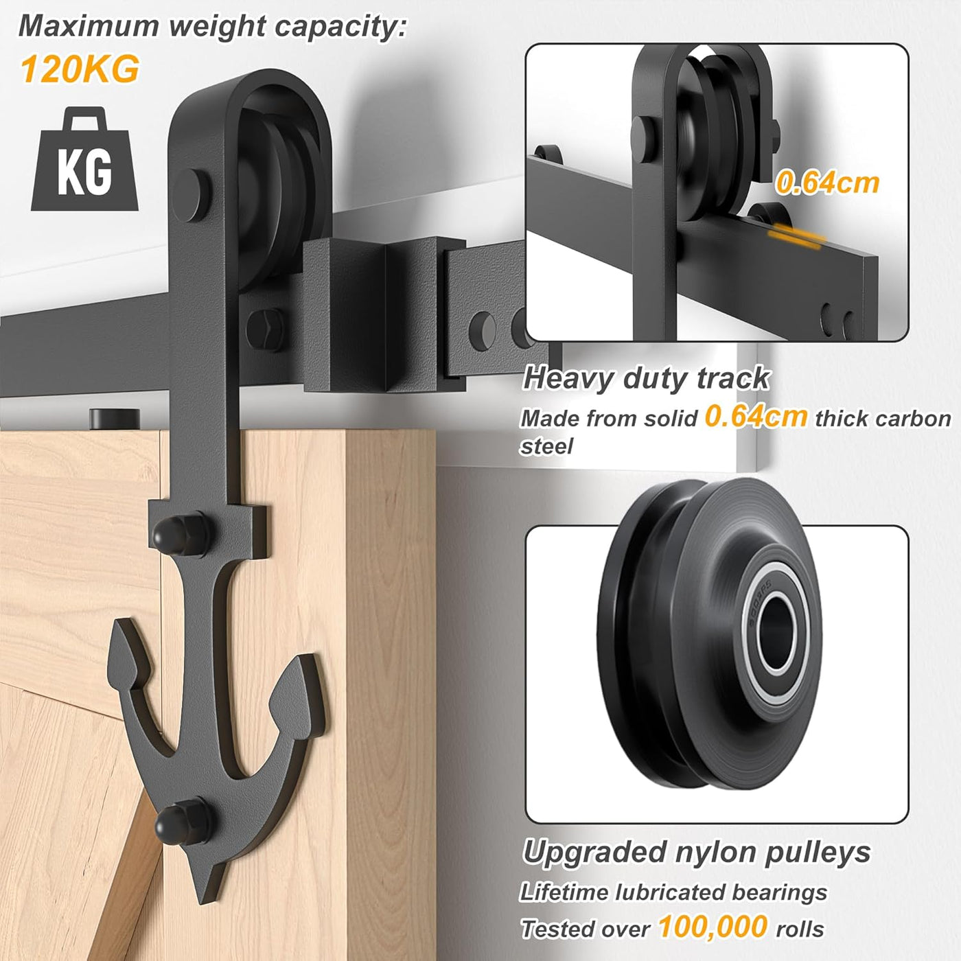 Heavy-duty sliding door track system with weight capacity, material details, and features highlighted.