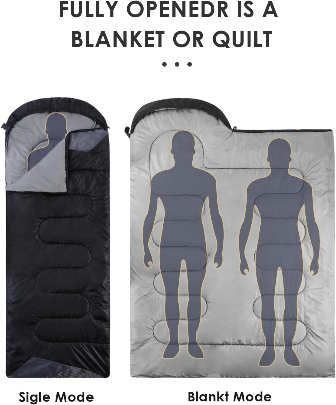Sleeping bag in single and blanket mode with illustrations of a person inside.
