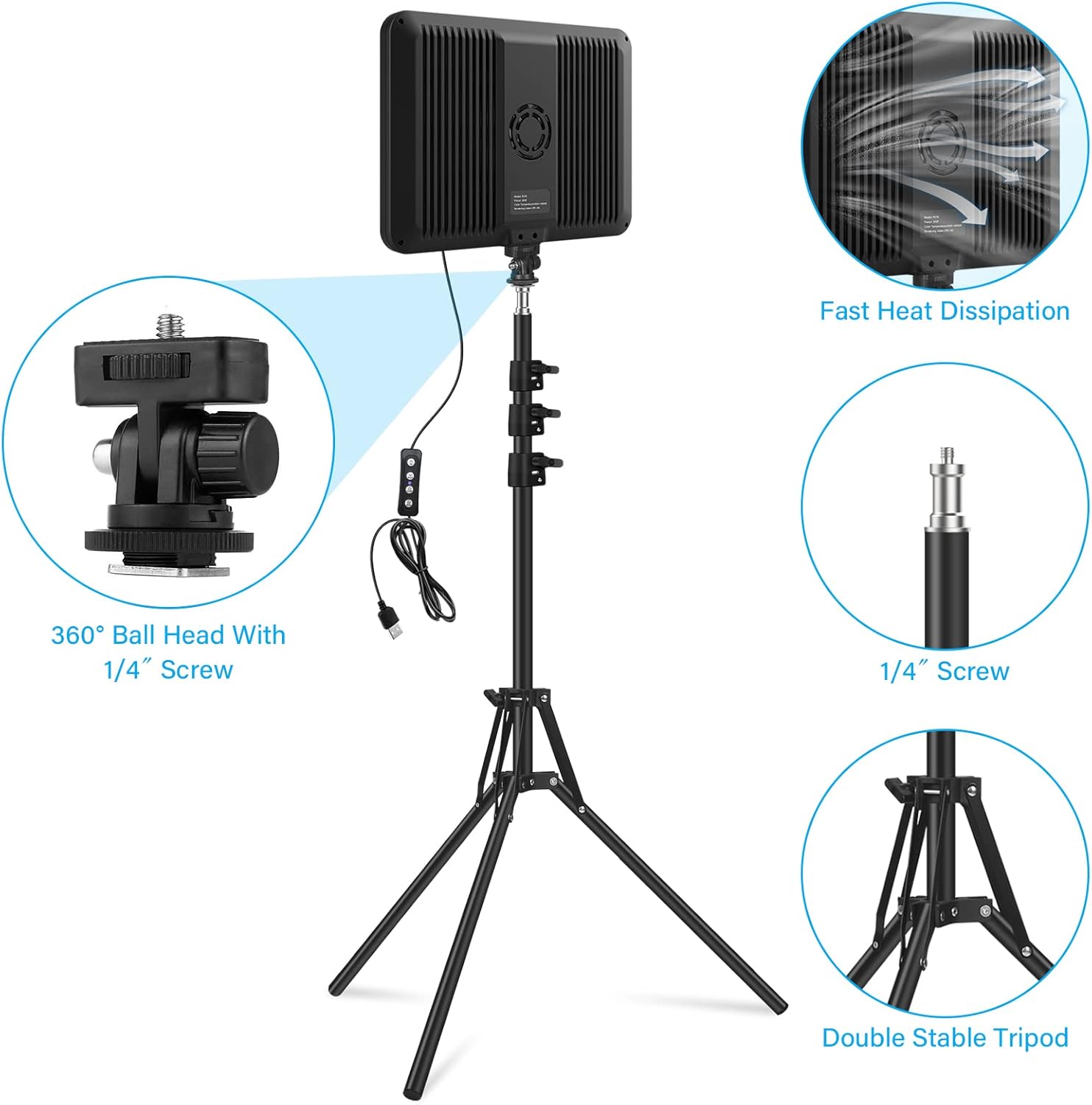 Black camera tripod with detailed features on a white background