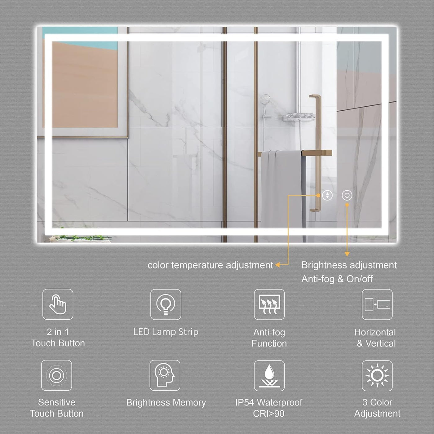 LED Bathroom Mirror Backlit Dimmable 3 Color 1000x600mm Demister Dripex