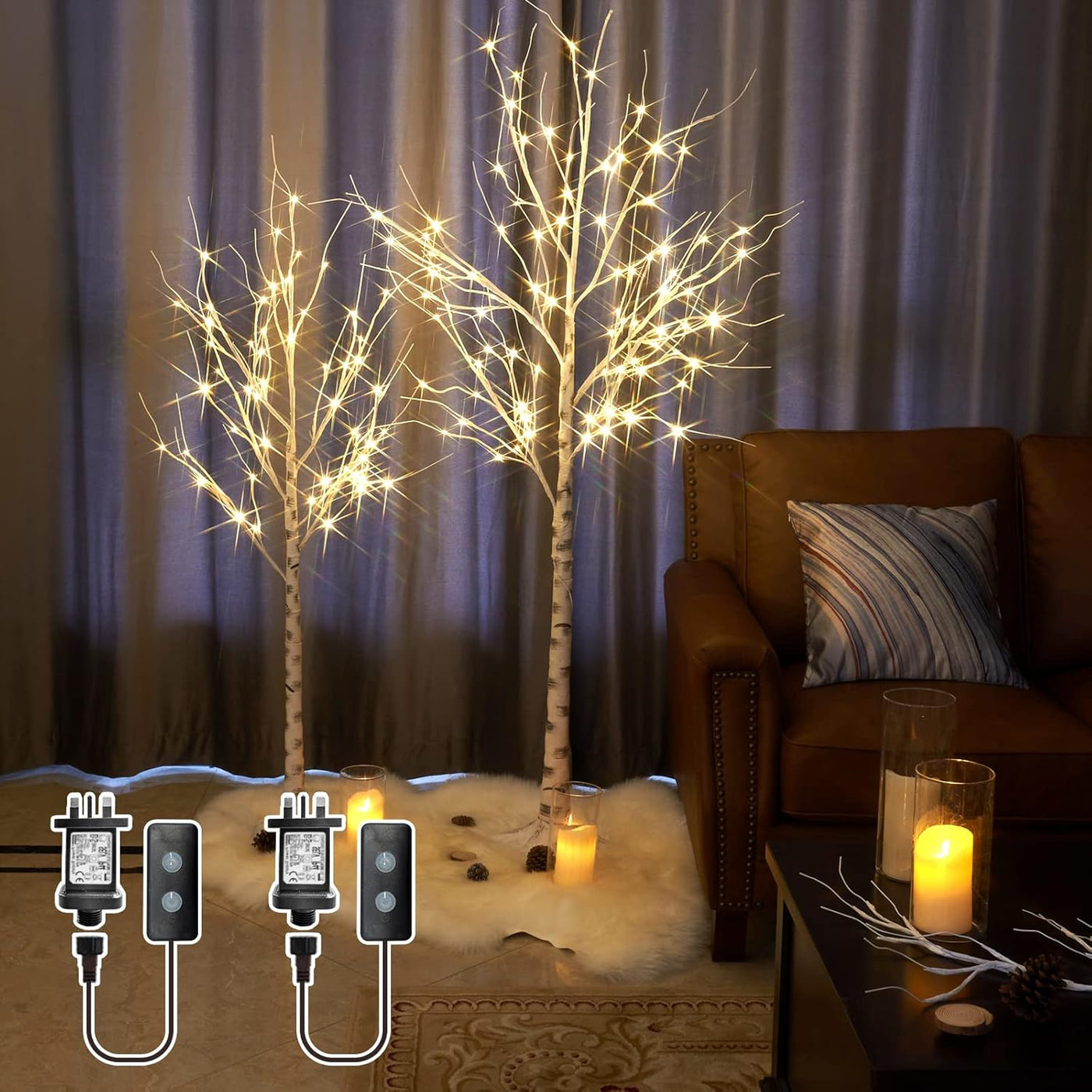 EAMBRITE White Christmas Twig Trees Set 6FT, 5FT - Warm White LEDs, Timer