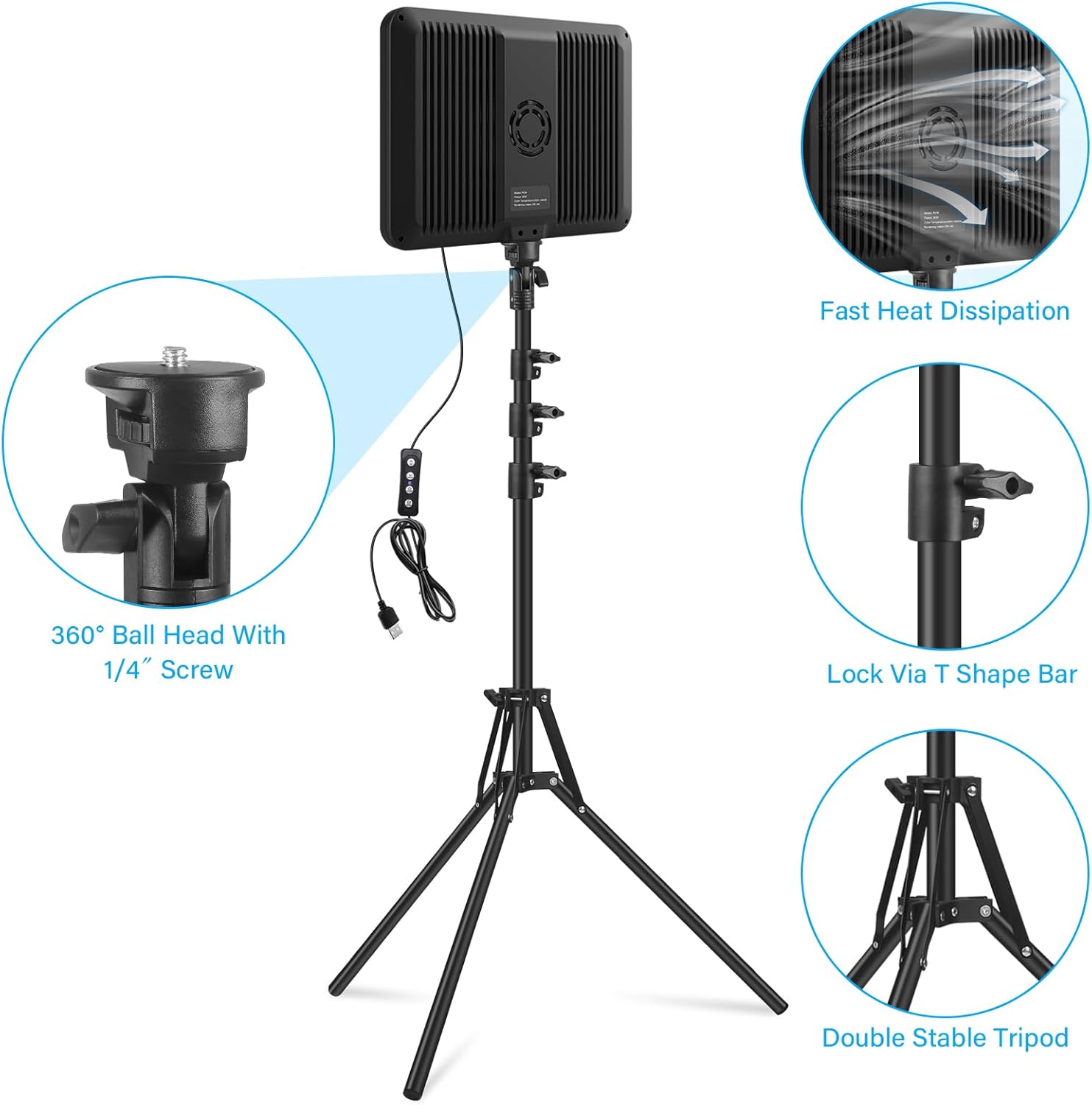 Black camera tripod with features highlighted on a white background