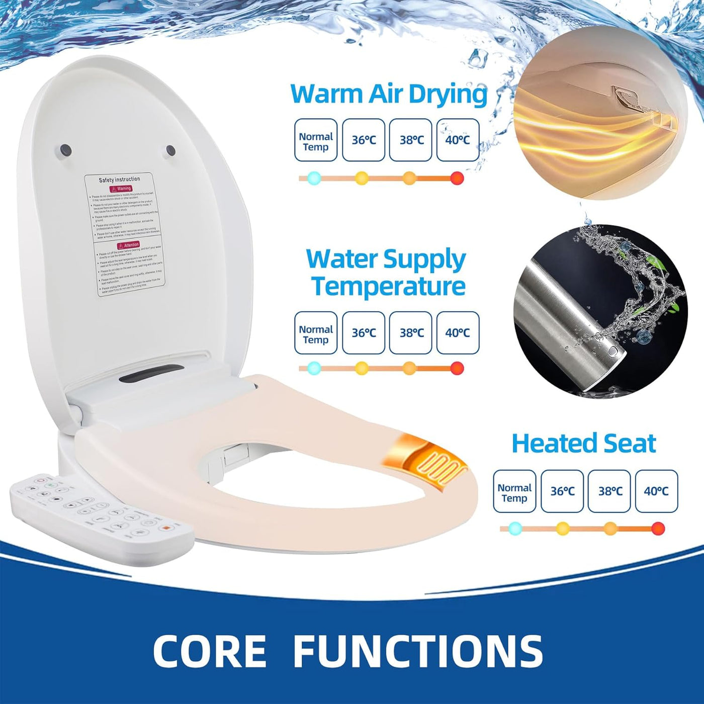 Elongated Bidet Toilet Seat with Dryer, Warm Water, Smart Touch, Nightlight