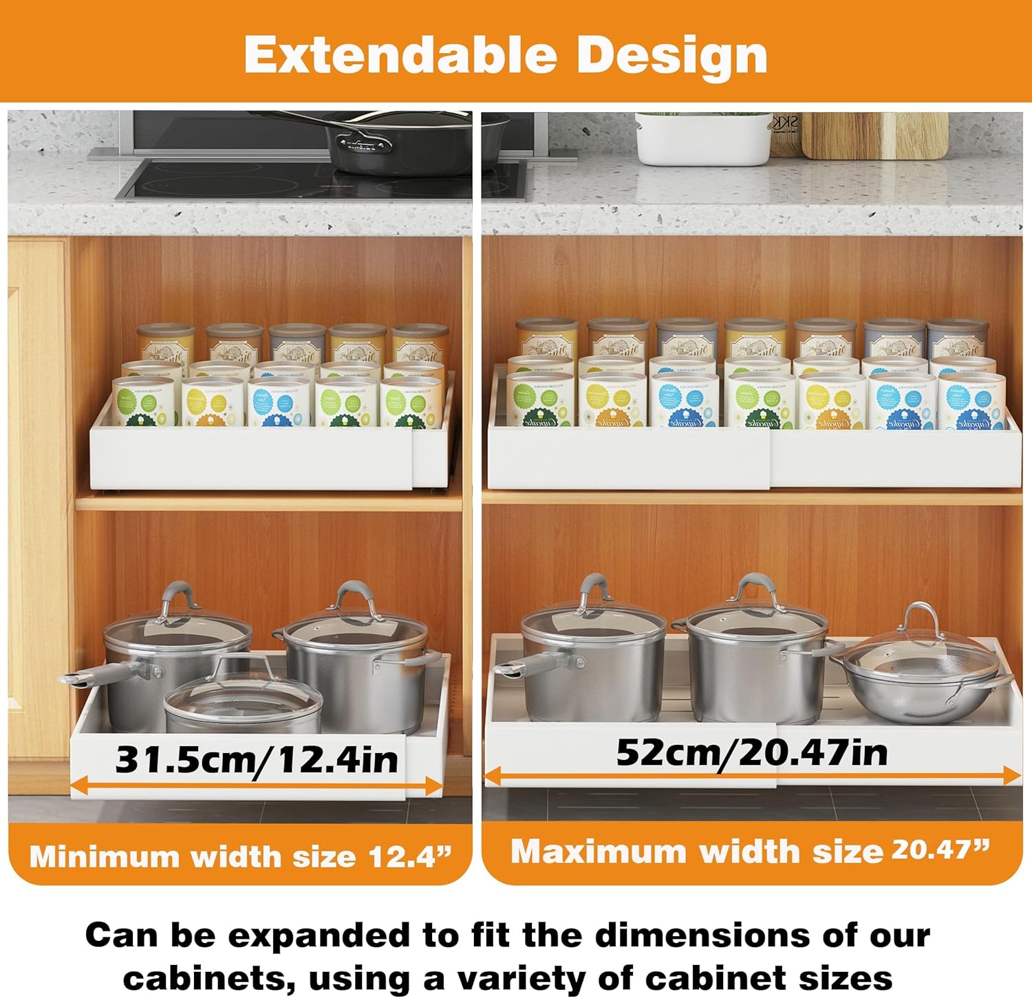 COVAODQ Pull-Out Kitchen Storage Organizer, Adjustable 31.5-52CM, 2-Pack