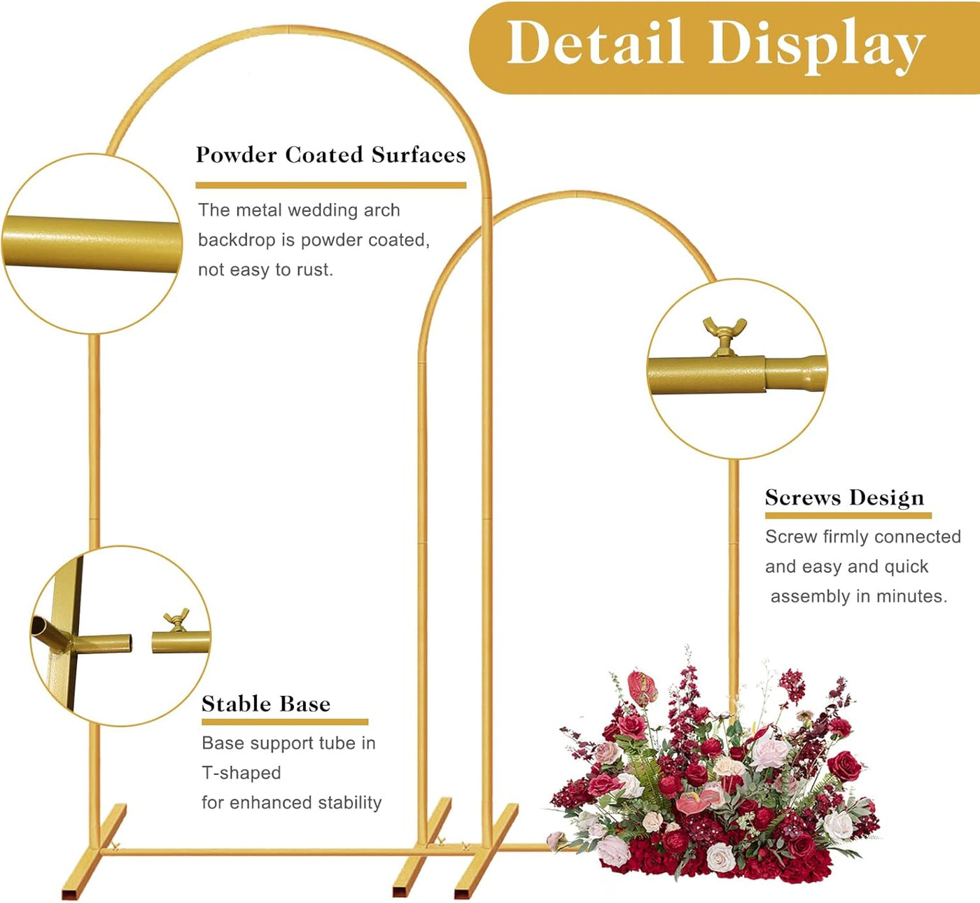 Gold metal wedding arch with floral display and feature text on a white background