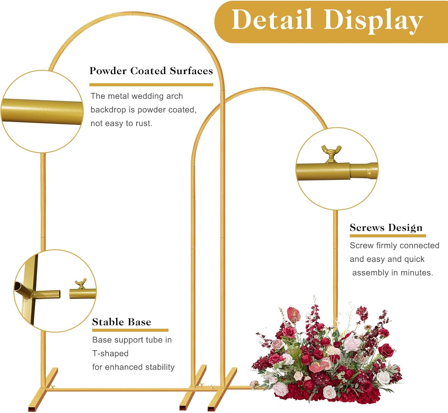 Gold metal wedding arch with floral display and feature text on a white background