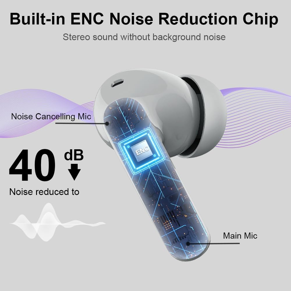 Wireless earbud with noise reduction chip and mic illustration on a gray background