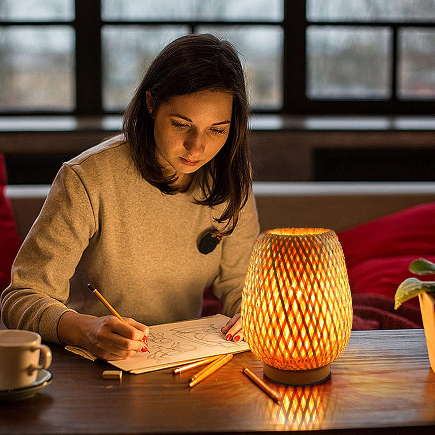 Schindora Boho Bamboo Table Lamp – Handmade Wicker Bedside Light