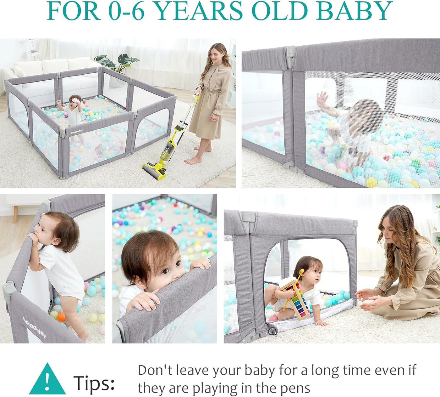 Baby Playpen 180x200cm, Foldable Safety Gate, Adjustable Indoor Play Yard