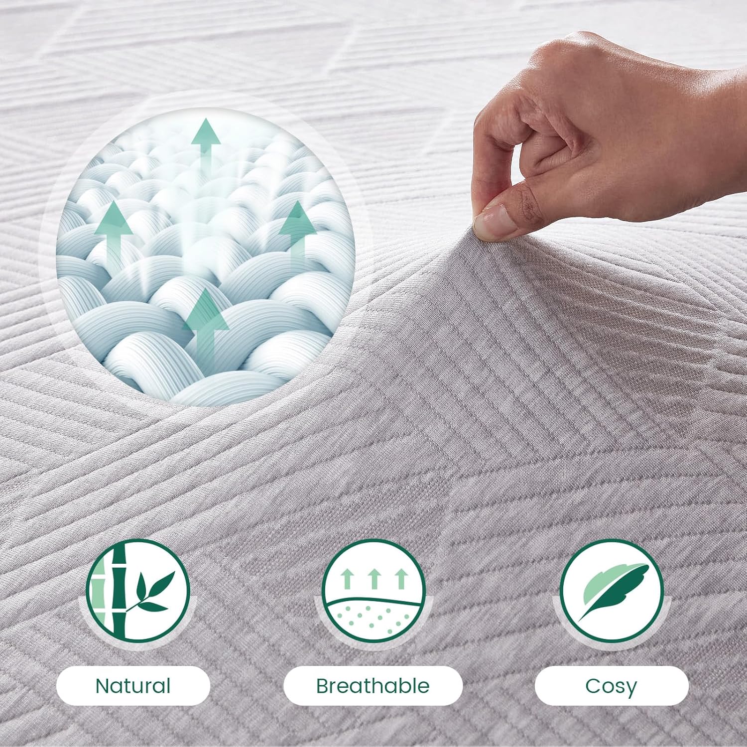 Hand touching textured fabric with nature-themed icons and text indicating 'Natural', 'Breathable', and 'Cosy'.