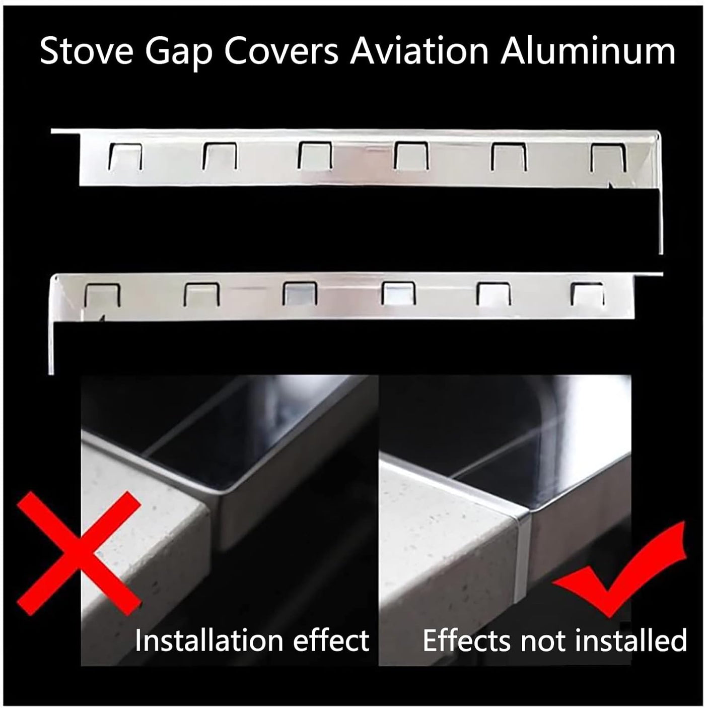 Stove gap covers made of aviation aluminum with installation effect comparison on a black background.