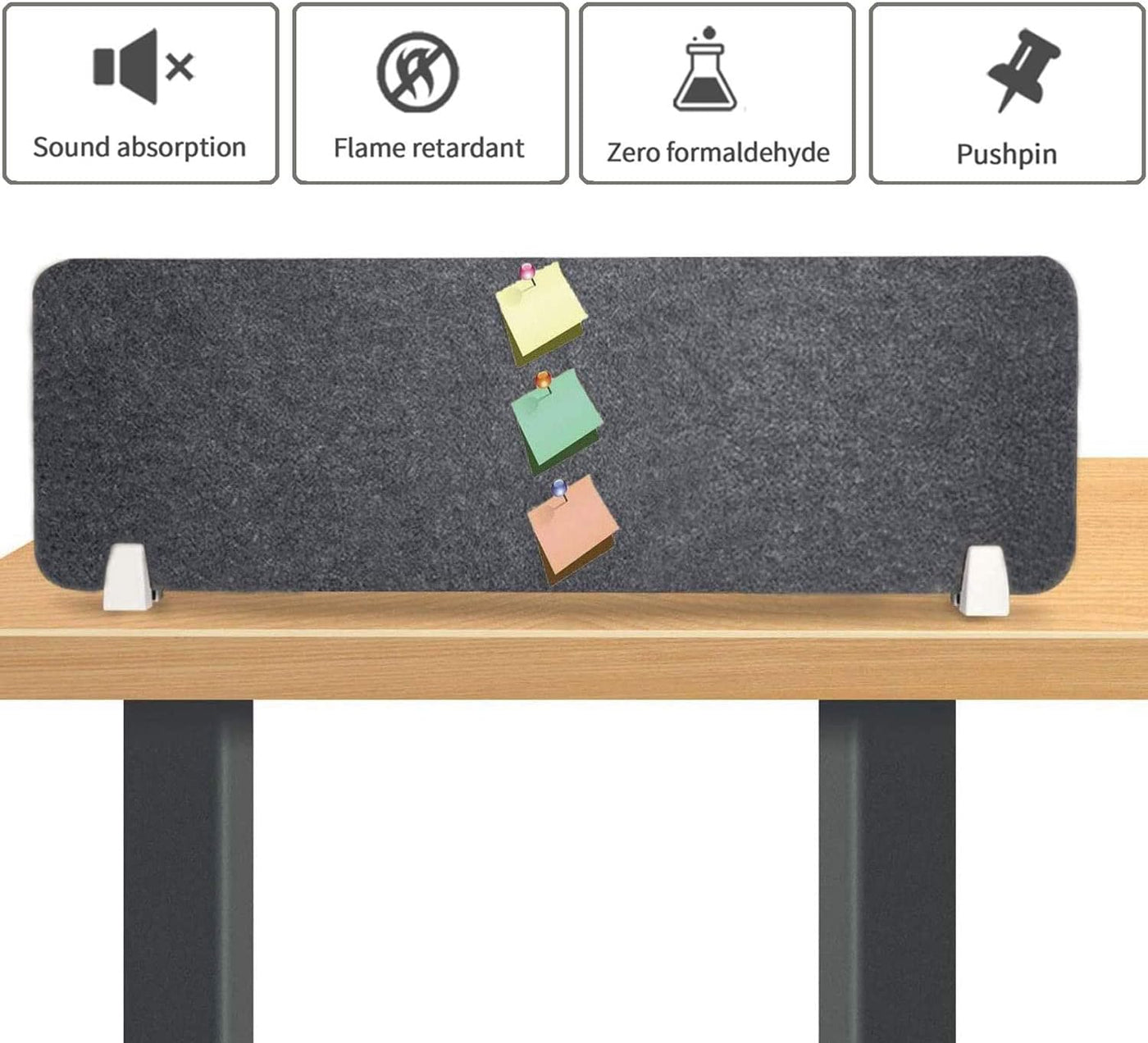 Gray desk screen with colorful sticky notes on a wooden desk