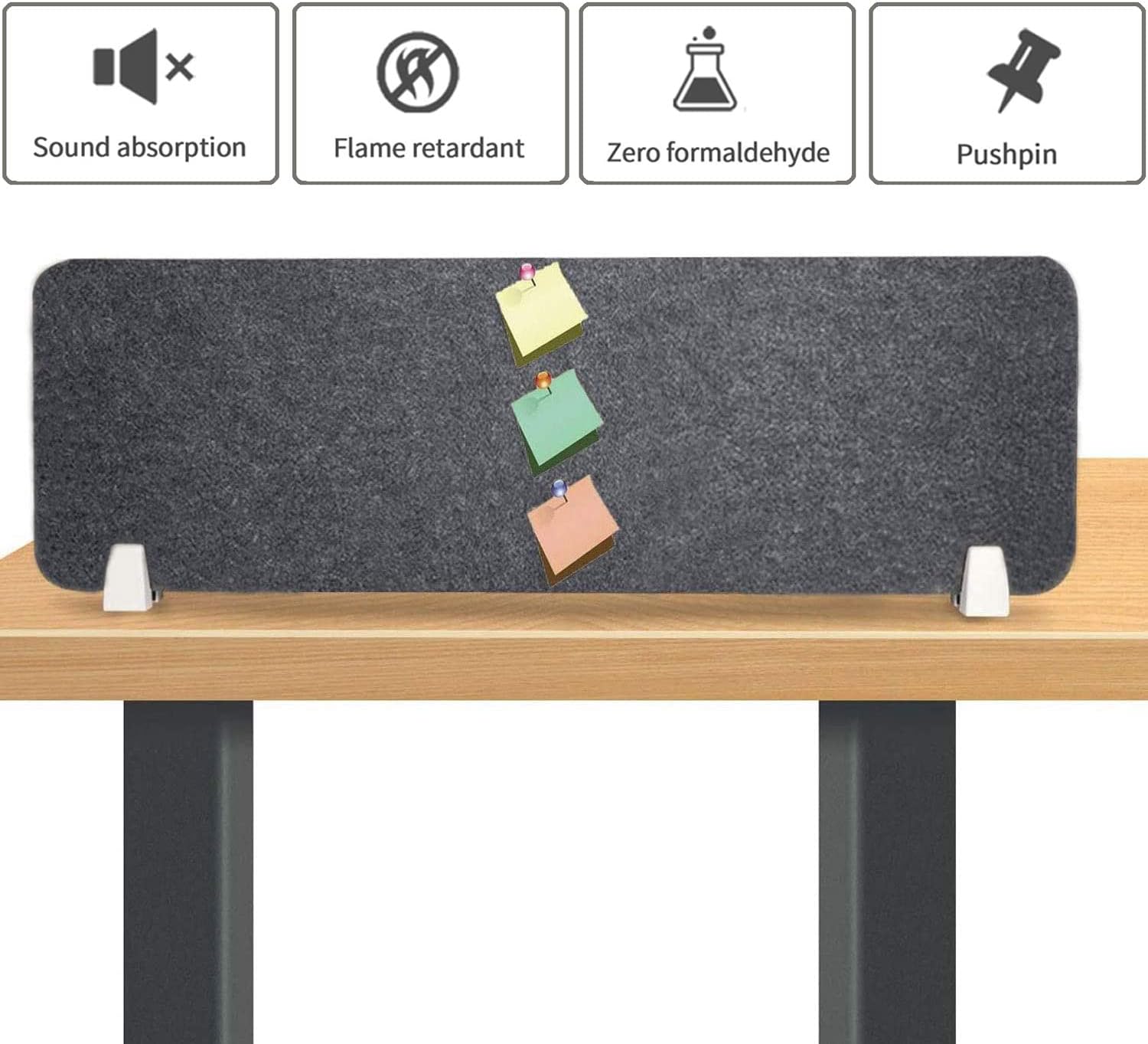 Gray desk screen with colorful sticky notes on a wooden desk