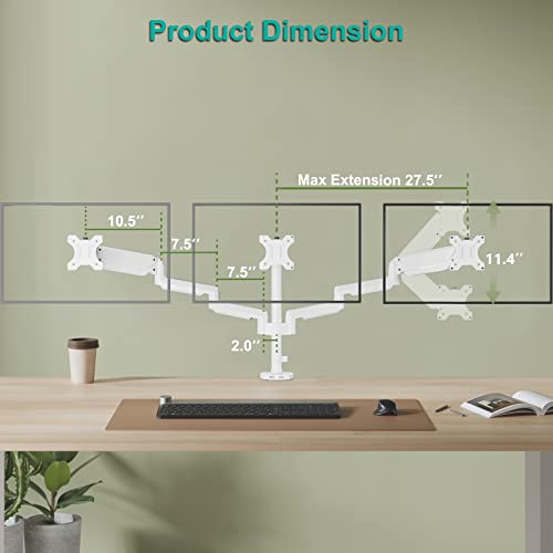 Triple Monitor Mount 27 Inch Adjustable Desk Stand VESA 100 White WALI