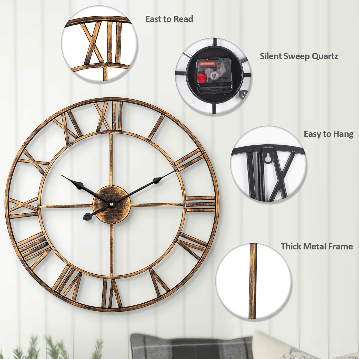 Silent Wall Clock Vintage Metal Skeleton Roman Numerals Farmhouse ARVINKEY