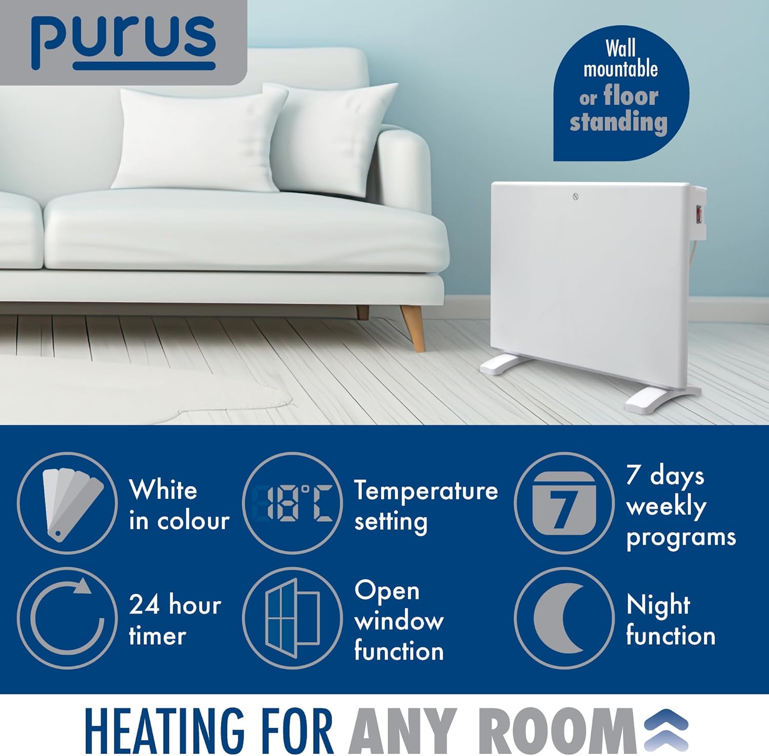 600W White Electric Radiator Heater with Thermostat Wall Mounted Purus