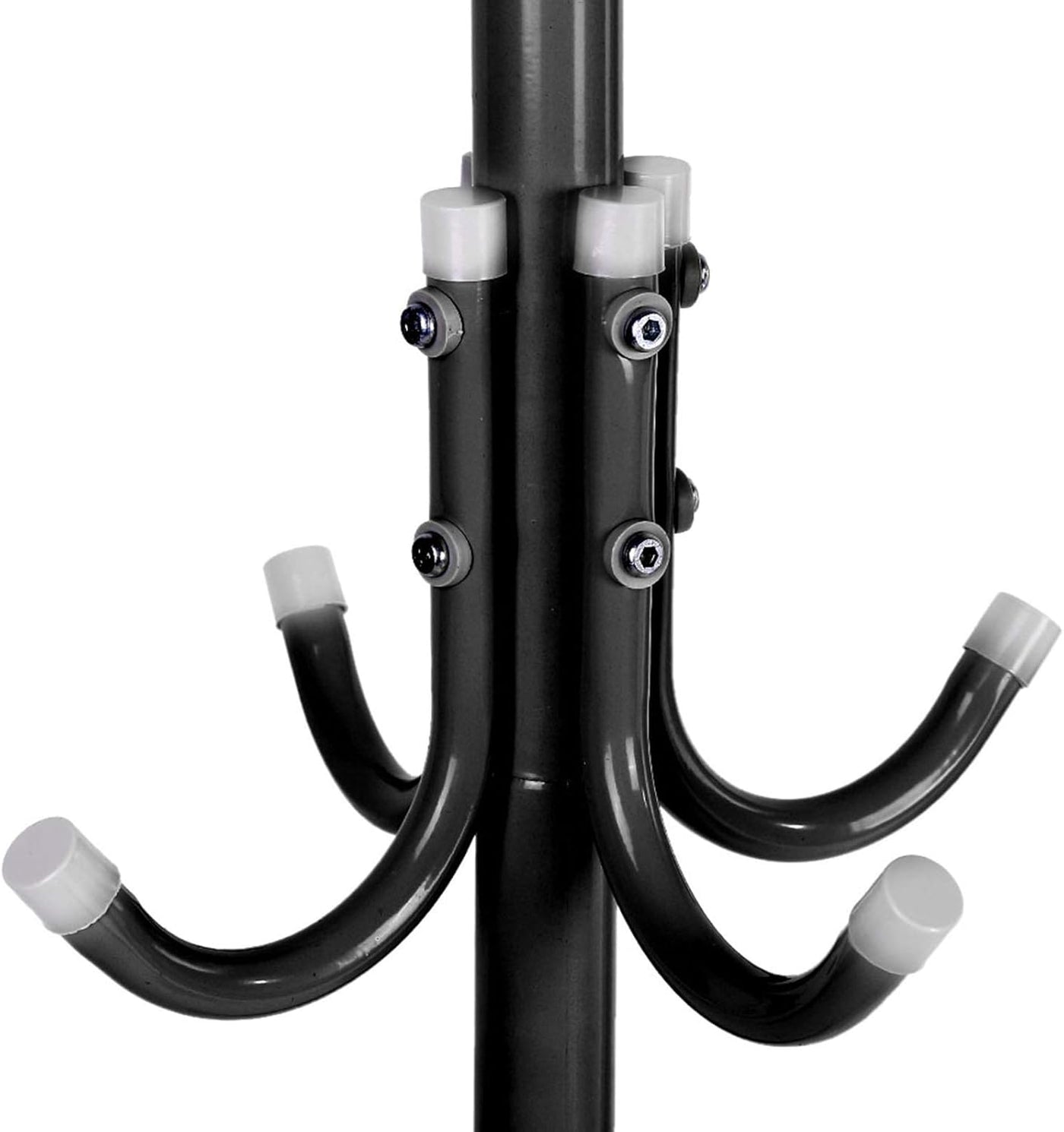 Black metal rod with multiple hooks on a white background
