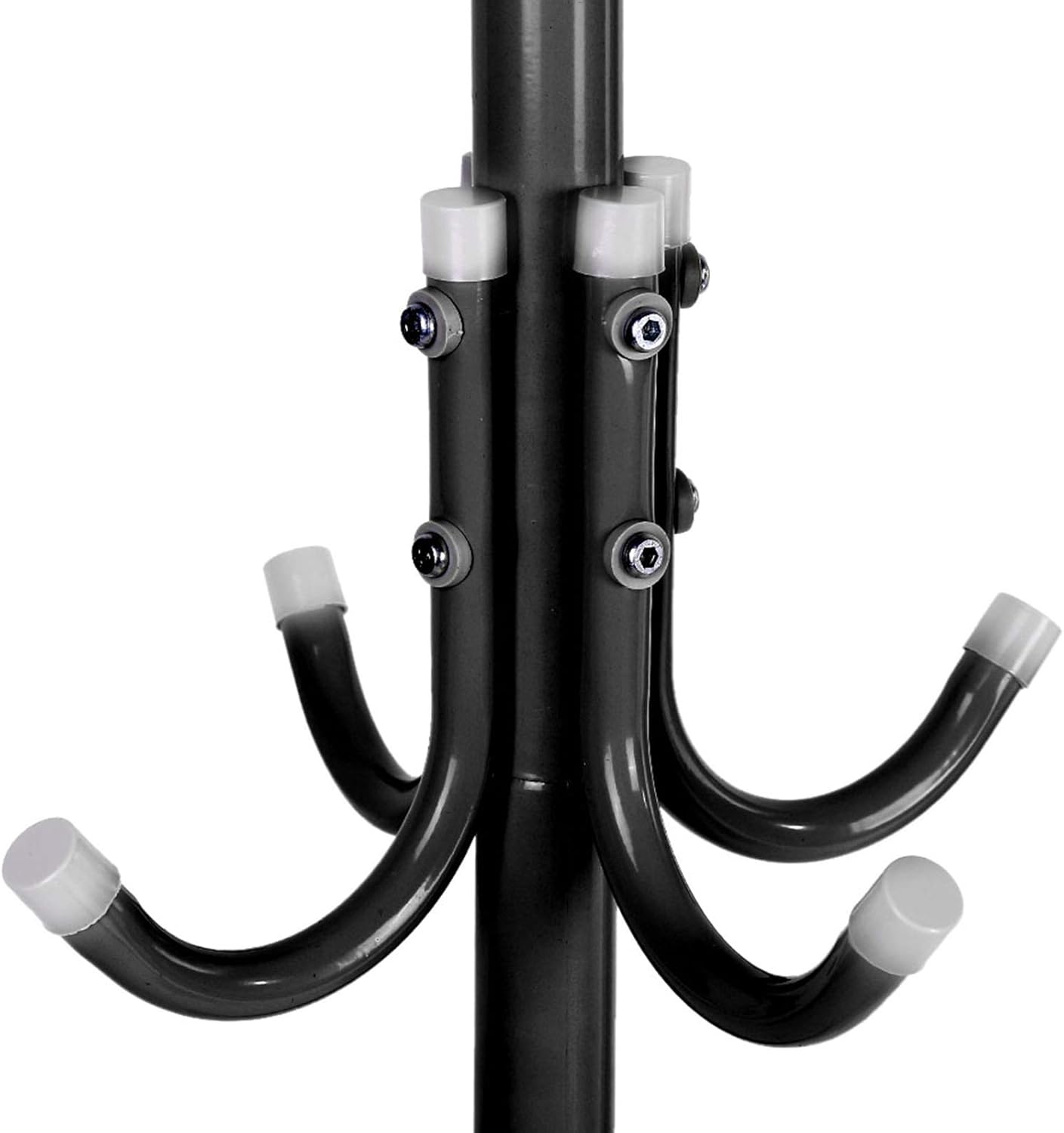 Black metal rod with multiple hooks on a white background