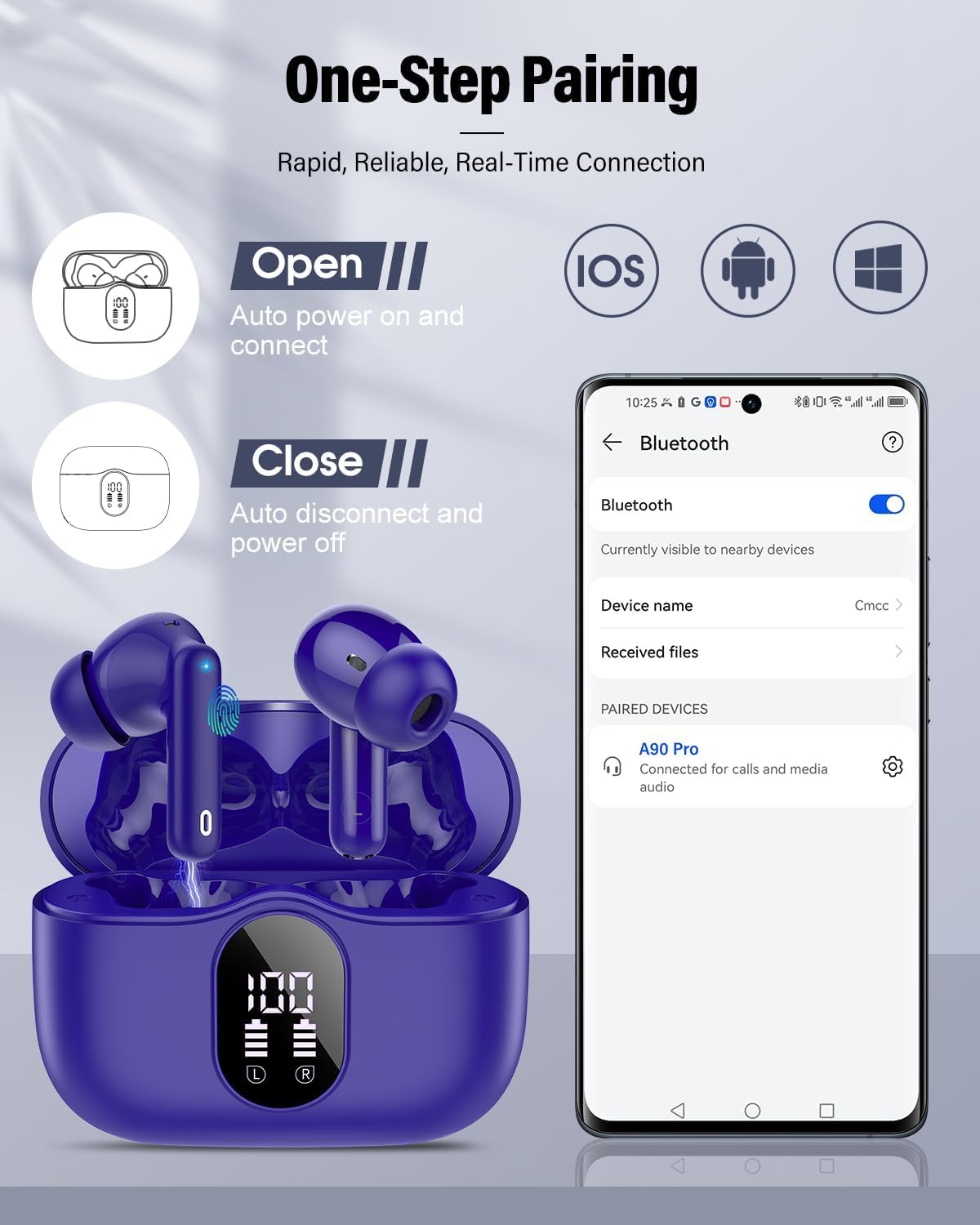 Purple wireless earbuds with charging case and smartphone app interface on a light gray background